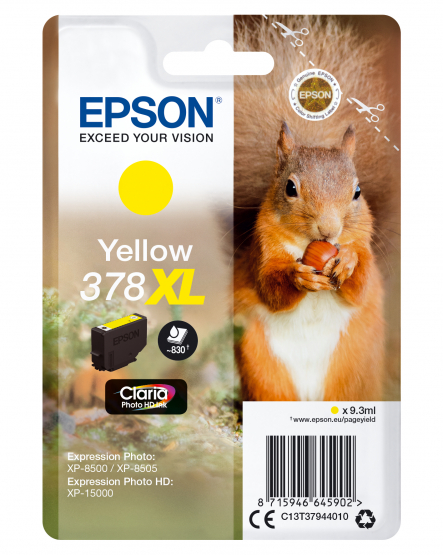 Epson 378XL (Squirrel) Yellow Ink Cartridge - Claria Photo HD Ink - High Capacity (C13T37944010) 