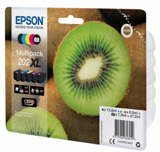 Epson 202XL (Kiwi) Ink Cartridge Multi-Pack 5-colours - Claria Premium Ink- High Capacity (C13T02G74010) 