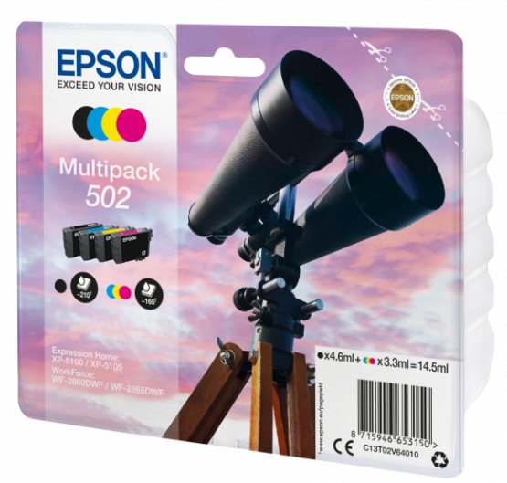 Epson 502 (Binoculars) Ink Cartridge Multi-Pack - Black, Cyan, Magenta, Yellow (C13T02V64010) 