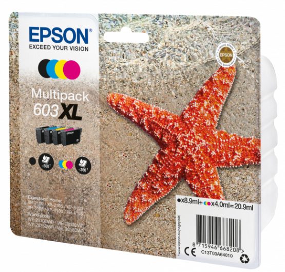 Epson 603XL (Starfish) Ink Cartridge Multi-Pack - Black, Cyan, Magenta, Yellow - High Capacity (C13T03A64010) 