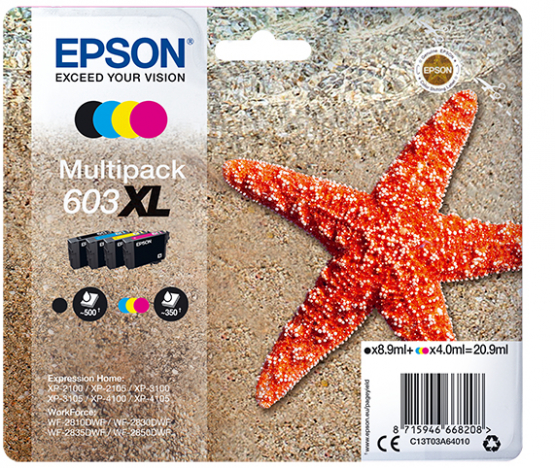 Epson 603XL (Starfish) Ink Cartridge Multi-Pack - Black, Cyan, Magenta, Yellow - High Capacity (C13T03A64010) 