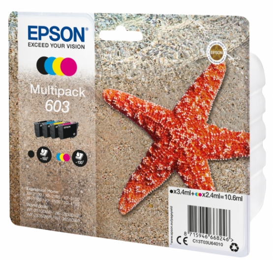 Epson 603 (Starfish) Ink Cartridge Multi-Pack - Black, Cyan, Magenta, Yellow (C13T03U64010) 