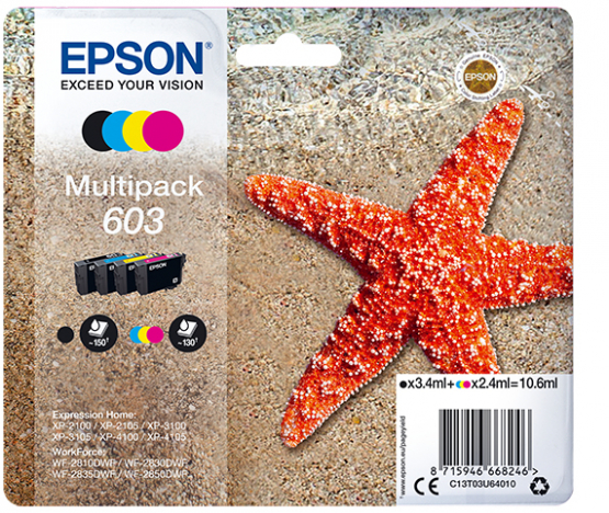Epson 603 (Starfish) Ink Cartridge Multi-Pack - Black, Cyan, Magenta, Yellow (C13T03U64010) 