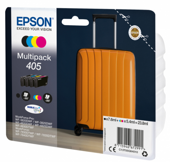 Epson 405 (Suitcase) Ink Cartridge Multi-Pack - Black, Cyan, Magenta, Yellow - DURABrite Ultra Ink(C13T05G64010) 