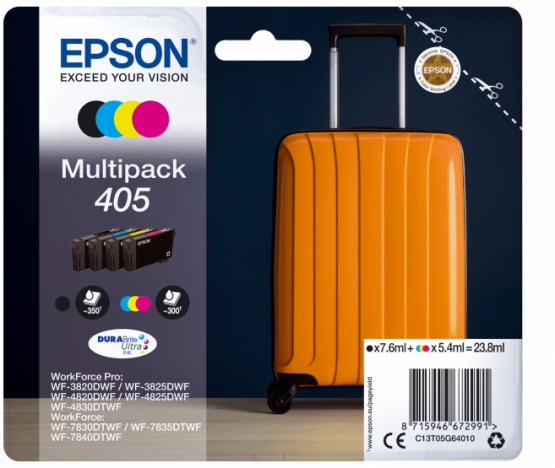 Epson 405 (Suitcase) Ink Cartridge Multi-Pack - Black, Cyan, Magenta, Yellow - DURABrite Ultra Ink(C13T05G64010) 