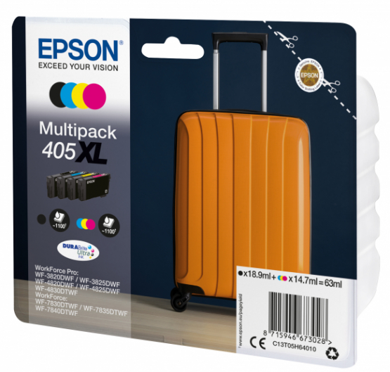Epson 405XL (Suitcase) Ink Cartridge Multi-Pack - Black, Cyan, Magenta, Yellow -DURABrite Ultra Ink(C13T05H64010) 