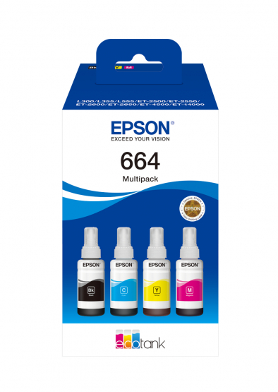 Epson 664 EcoTank Ink Bottle Multi-Pack - Black, Cyan, Magenta, Yellow (70ml x 4) (C13T664640) 