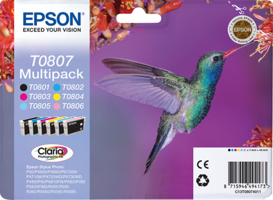 Epson T0807 (Hummingbird) Multi-Pack 6-colours - Claria Photographic Ink (C13T08074011) 