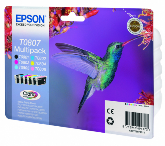 Epson T0807 (Hummingbird) Multi-Pack 6-colours - Claria Photographic Ink (C13T08074011) 