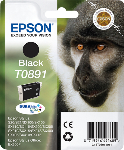 Epson T0891 (Monkey) Black Ink Cartridge - DURABrite Ultra Ink (C13T08914011) 