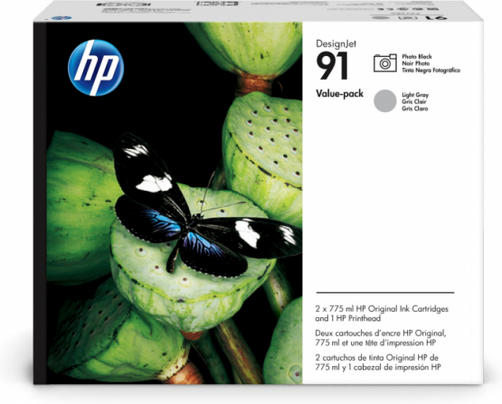 HP 91 Value Pack Photo Black/Light Gray DesignJet Ink Cartridges + Printhead (P2V38A) 