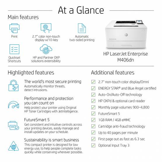 HP LaserJet Enterprise M406dn Printer (3PZ15A#B19) 