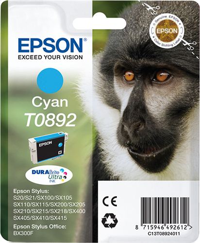 Epson T0892 (Monkey) Cyan Ink Cartridge - DURABrite Ultra Ink (C13T08924011) 