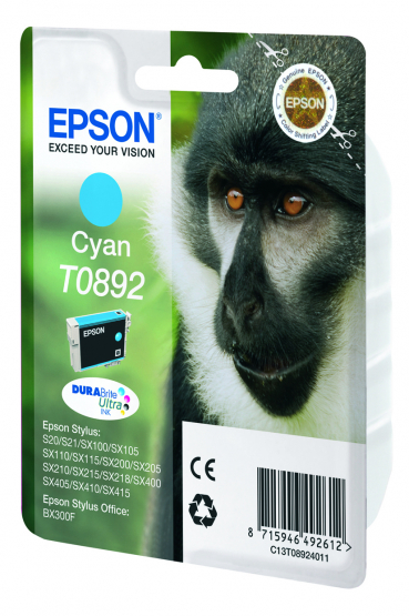 Epson T0892 (Monkey) Cyan Ink Cartridge - DURABrite Ultra Ink (C13T08924011) 