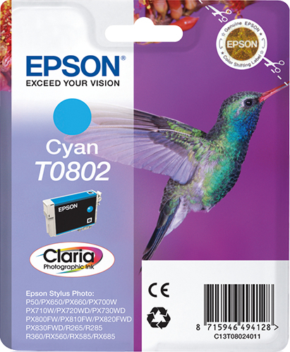 Epson T0802 (Hummingbird) Cyan Ink Cartridge - Claria Photographic Ink (C13T08024011) 