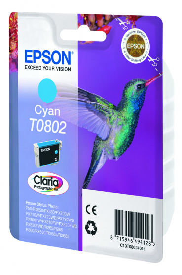 Epson T0802 (Hummingbird) Cyan Ink Cartridge - Claria Photographic Ink (C13T08024011) 