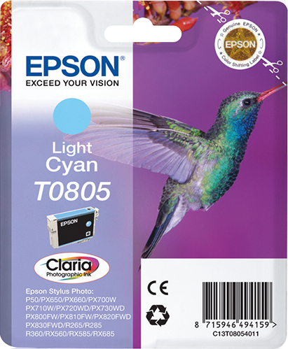 Epson T0805 (Hummingbird) Light Cyan Ink Cartridge - Claria Photographic Ink (C13T08054011) 