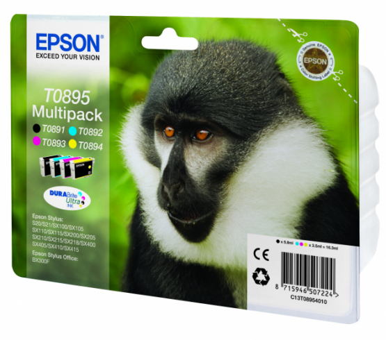 Epson T0895 (Monkey) Ink Cartridge Multi-Pack 4-colours - DURABrite Ultra Ink (C13T08954010) 