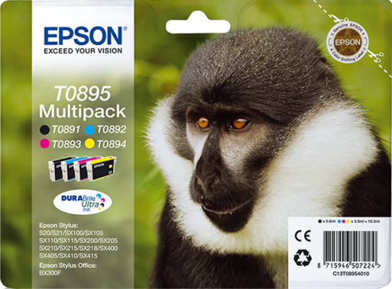 Epson T0895 (Monkey) Ink Cartridge Multi-Pack 4-colours - DURABrite Ultra Ink (C13T08954010) 