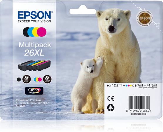Epson 26XL (Polar Bear) Ink Cartridge Multi-Pack 4 Colours - Claria Premium Ink - High Capacity (C13T26364010) 