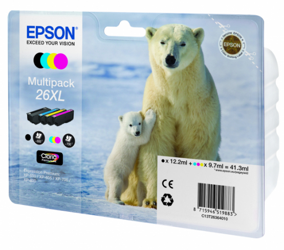 Epson 26XL (Polar Bear) Ink Cartridge Multi-Pack 4 Colours - Claria Premium Ink - High Capacity (C13T26364010) 