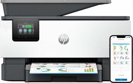 HP OfficeJet Pro 9120b All-in-One Printer, Color, Printer for Home and home office, Print, copy, scan, fax, Wireless; Two-sided printing; Two-sided scanning; Scan to email; Scan to pdf; Fax; Front USB flash drive port; Touchscreen; Print from phone or tablet; Automatic document feeder