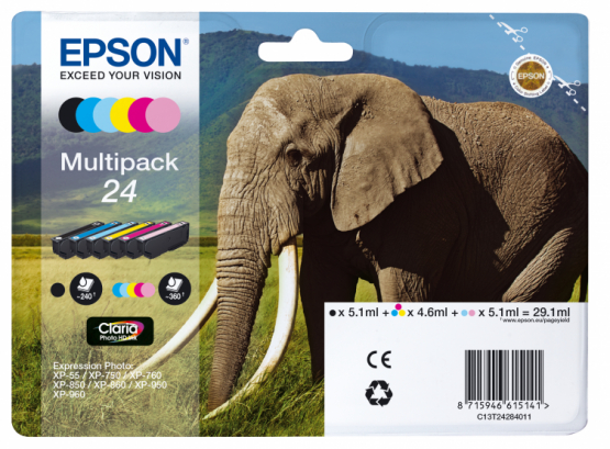 Epson 24 (Elephant) Ink Cartridge Multi-Pack 6 Colour - 24 Claria Photo HD Ink (C13T24284011) 