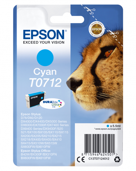 Epson T0712 (Cheetah) Cyan Ink Cartridge - DURABrite Ultra Ink(C13T07124012) 