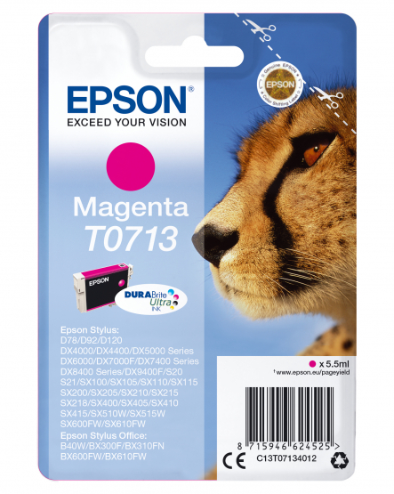 Epson T0713 (Cheetah) Magenta Ink Cartridge - DURABrite Ultra Ink (C13T07134012) 