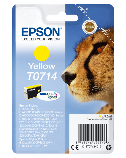 Epson T0714 (Cheetah) Yellow Ink Cartridge - DURABrite Ultra Ink (C13T07144012) 