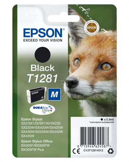Epson T1281 (Fox) Black Ink Cartridge - DURABrite Ultra Ink (C13T12814012) 
