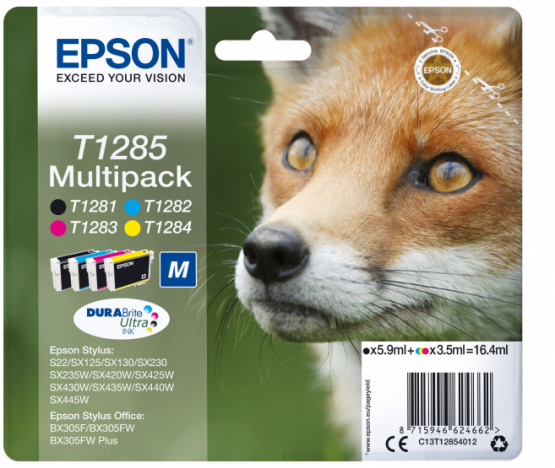 Epson T1285 (Fox) Ink Cartridge Multipack - Black, Cyan, Magenta, Yellow - DURABrite Ultra Ink (C13T12854012) 