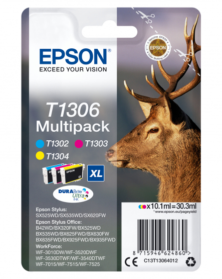 Epson T1306 (Stag) Ink Cartridge Multi-Pack - Cyan, Magenta, Yellow - T1306 DURABrite Ultra Ink (C13T13064012) 