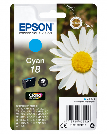 Epson 18 (Daisy) Cyan Ink Cartridge - Claria Home Ink (C13T18024012) 