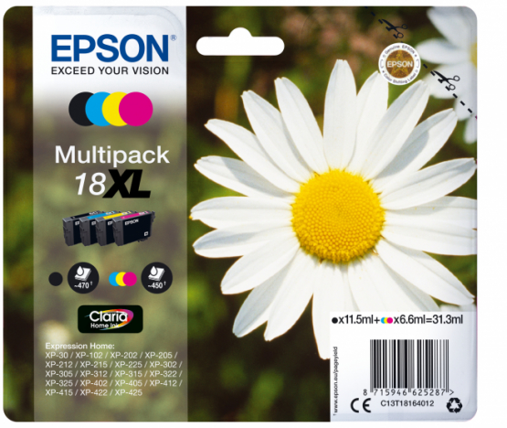 Epson 18XL (Daisy) Ink Cartridge Multi-Pack - Black, Cyan, Magenta, Yellow - Claria Home Ink (C13T18164012) 