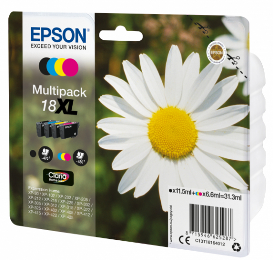 Epson 18XL (Daisy) Ink Cartridge Multi-Pack - Black, Cyan, Magenta, Yellow - Claria Home Ink (C13T18164012) 