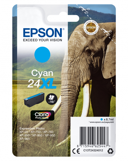 Epson 24XL (Elephant) Cyan Ink Cartridge - Claria Photo HD Ink (C13T24324012) 