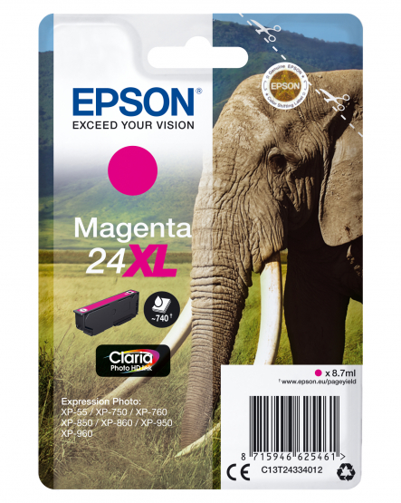 Epson 24XL (Elephant) Magenta Ink Cartridge - Claria Photo HD Ink (C13T24334012) 
