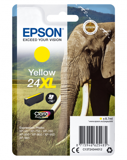 Epson 24XL (Elephant) Yellow Ink Cartridge - Claria Photo HD Ink (C13T24344012) 