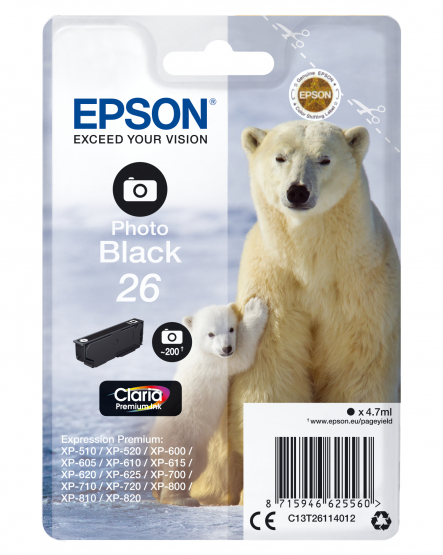 Epson 26 (Polar Bear) Photo Black Ink Cartridge - Claria Premium Ink (C13T26114012) 