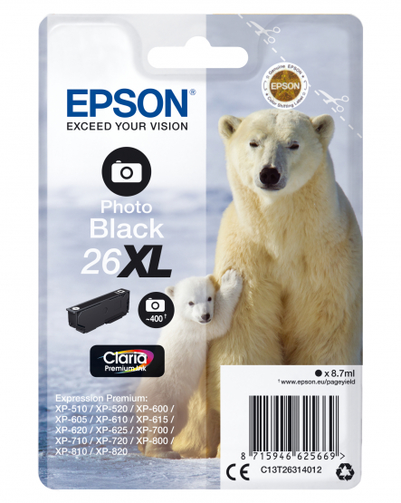 Epson 26XL (Polar Bear) Photo Black Ink Cartridge - Claria Premium Ink - High Capacity (C13T26314012) 