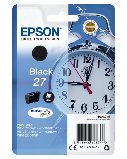 Epson 27 (Alarm Clock) Black Ink Cartridge 27 DURABrite Ultra Ink (C13T27014012) 