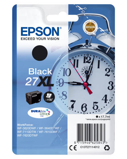 Epson 27XL (Alarm Clock) Black Ink Cartridge - DURABrite Ultra Ink (C13T27114012) 