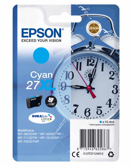 Epson 27XL (Alarm Clock) Cyan Ink Cartridge - DURABrite Ultra Ink (C13T27124012) 