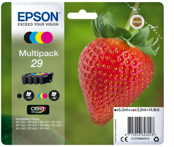 Epson 29 (Strawberry) Ink Cartridge Multipack 4-colours - Claria Home Ink (C13T29864012) 