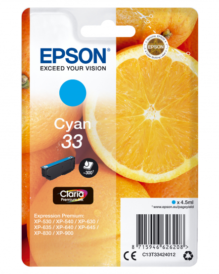 Epson 33 (Oranges) Cyan Ink Cartridge - Claria Premium Ink (C13T33424012) 