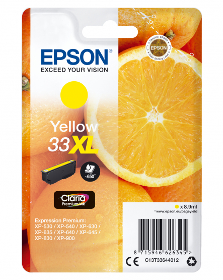 Epson 33XL (Oranges) Yellow Ink Cartridge - Claria Premium Ink - High Capacity (C13T33644012) 
