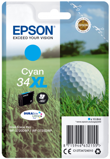 Epson 34XL (Golf Ball) Cyan Ink Cartridge - DURABrite Ultra Ink - High Capacity (C13T34724010) 