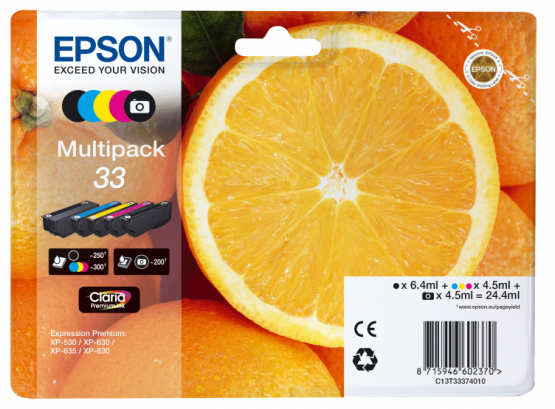Epson 33 (Oranges) Ink Cartridge Multi-Pack 5-colours - Claria Premium Ink (C13T33374011) 