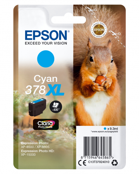 Epson 378XL (Squirrel) Cyan Ink Cartridge - Claria Photo HD Ink - High Capacity (C13T37924010) 